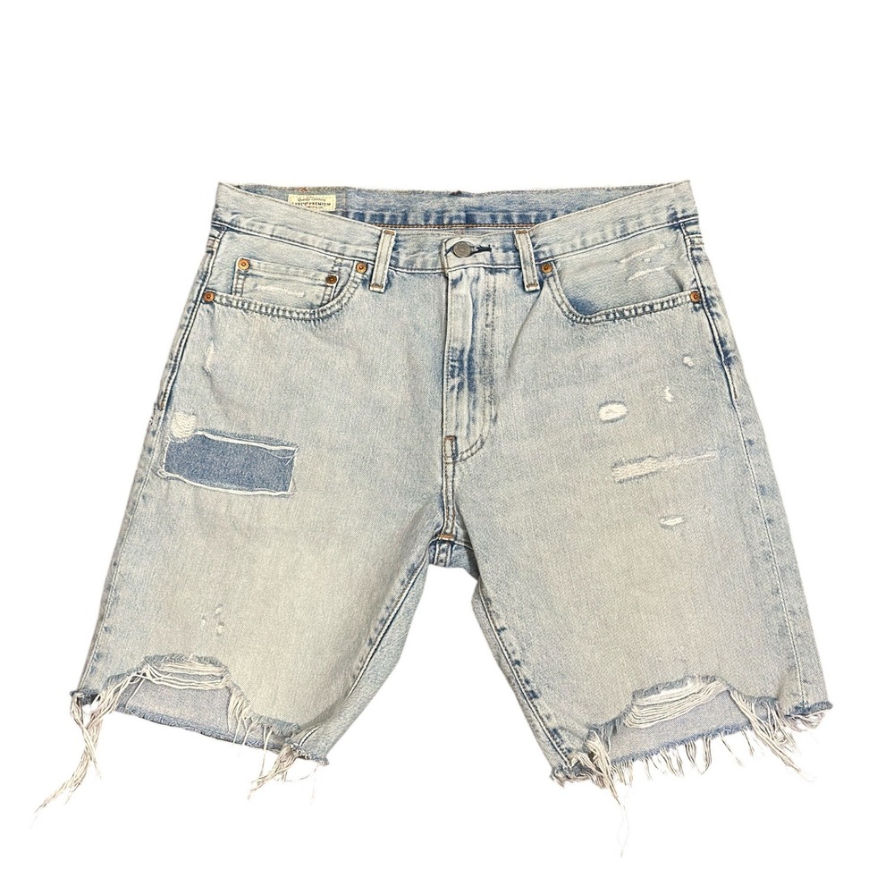 Levis Premium 412 Slim Fit Distressed Patchwork Cut Off Denim Shorts Mens 36 L9